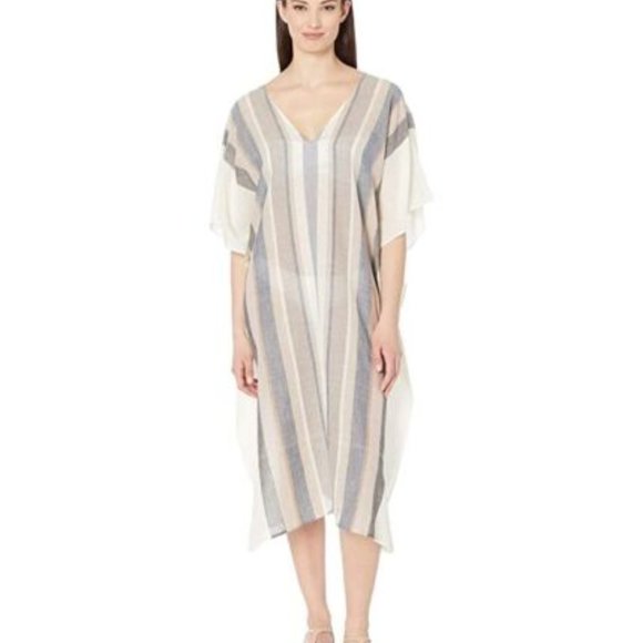 Echo Other - NWT ECHO Striped Beach Caftan Maxi Swim Cover White Tan Size L/XL H13276